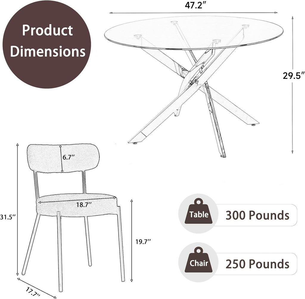 RGZ 5 Piece Luxury Round Dining Table Set, 47'' Modern Circle Kitchen Set for 4, 4 Person Clear Glass Circular Top Dinner Room Set, Black Boucle Chairs, for Living Room Large Apartment (Black)