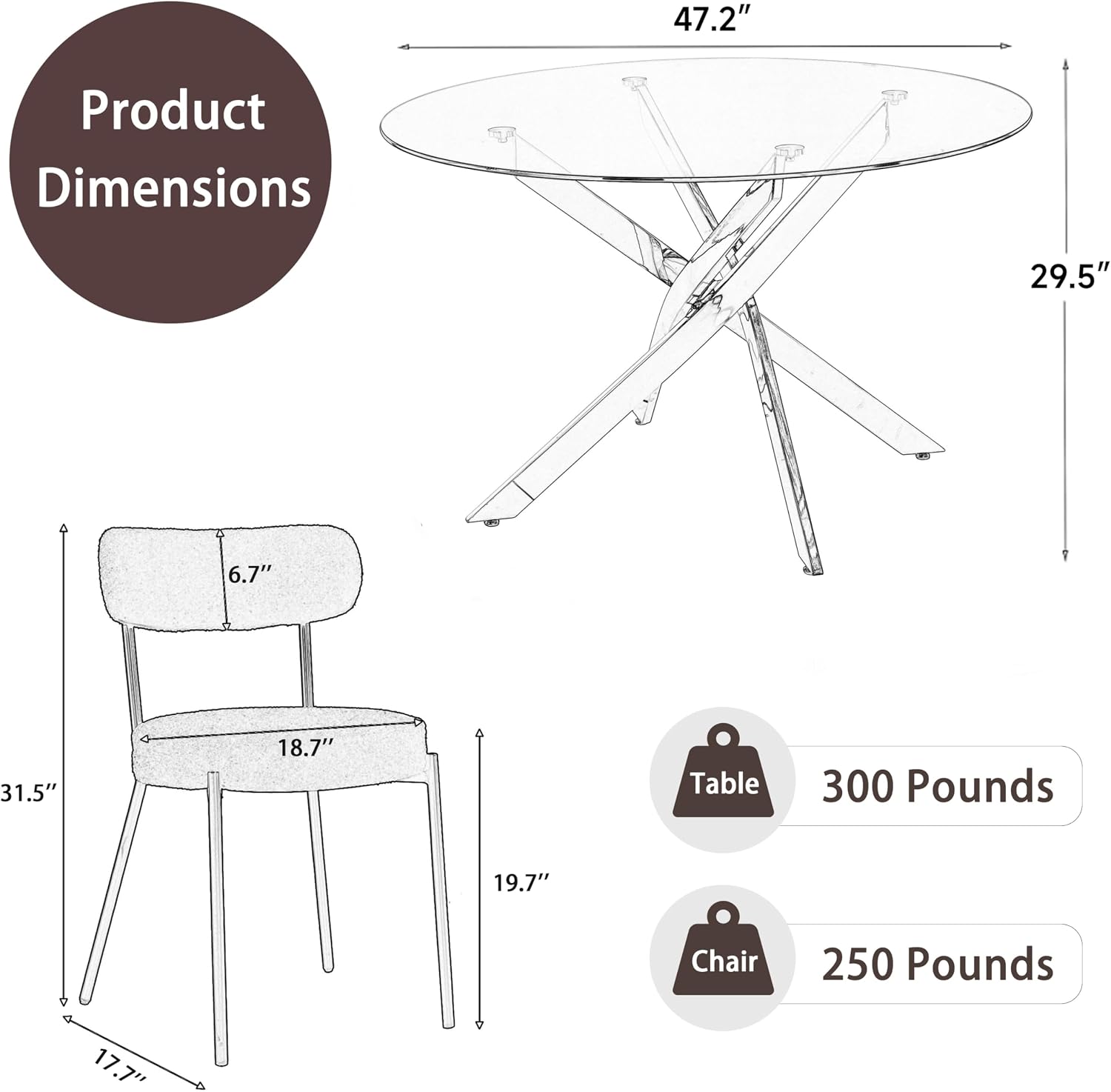 RGZ 5 Piece Luxury Round Dining Table Set, 47'' Modern Circle Kitchen Set for 4, 4 Person Clear Glass Circular Top Dinner Room Set, Black Boucle Chairs, for Living Room Large Apartment (Black)