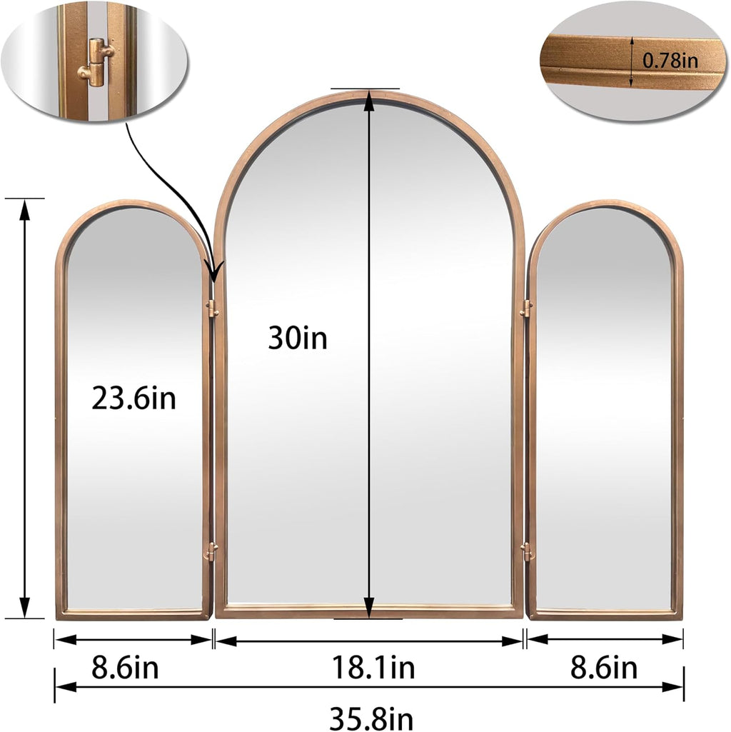 BAODANFU 3 Way Mirror Bathroom, Trifold Vanity Mirrors for Bathroom Bedroom, Large Arch Mirrors Decorative Vintage Gold, Adjustable Makeup Mirror for Braiding Hair 360° Way Tabletop & Wall Mounted
