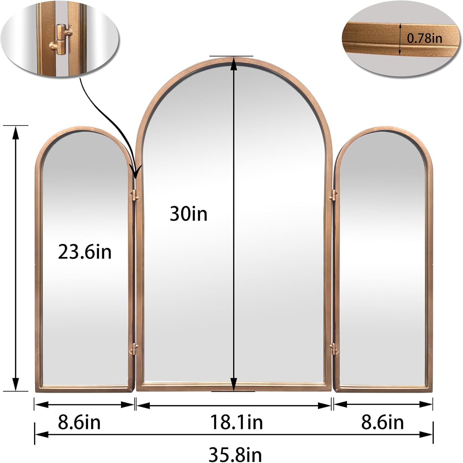 BAODANFU 3 Way Mirror Bathroom, Trifold Vanity Mirrors for Bathroom Bedroom, Large Arch Mirrors Decorative Vintage Gold, Adjustable Makeup Mirror for Braiding Hair 360° Way Tabletop & Wall Mounted