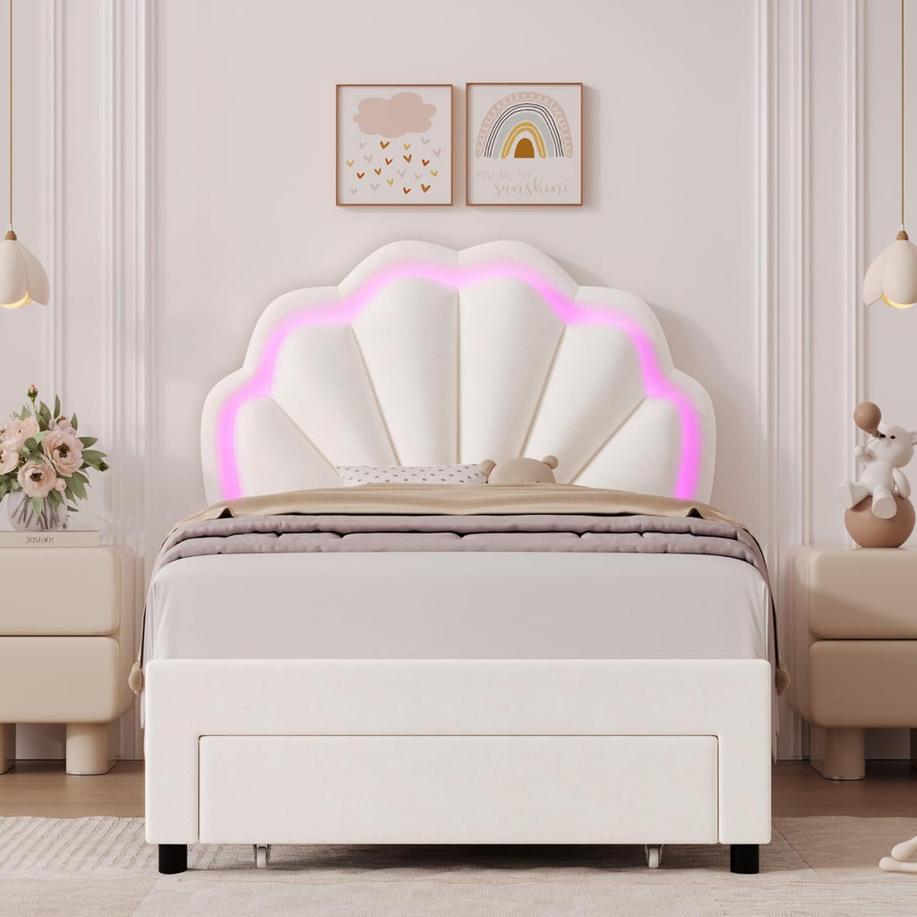 HIFIT 2 Set Twin Bed Frame with Storage and LED Light for Girls, Twin Size Upholstered LED Bed Frame with Drawer & Chic Double Petal Headboard, Solid Wood Slat, Kids Platform w/Storage, Beige