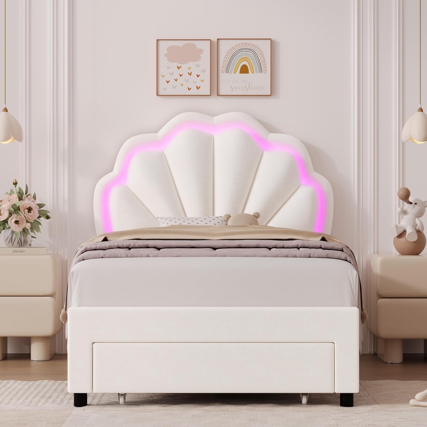 HIFIT 2 Set Twin Bed Frame with Storage and LED Light for Girls, Twin Size Upholstered LED Bed Frame with Drawer & Chic Double Petal Headboard, Solid Wood Slat, Kids Platform w/Storage, Beige
