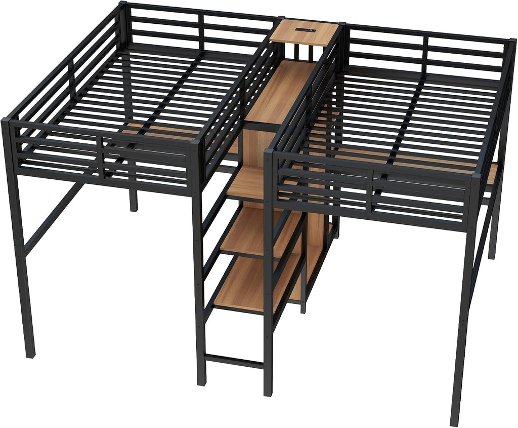 Bellemave Twin Over Twin Metal Loft Bed with Desk and Wardrobe for 2 Kids,Twin Size Heavy Duty Double Loft Bed Frame with Charging Station and Shelves for Boys,Girls,Adults,Woodgrain