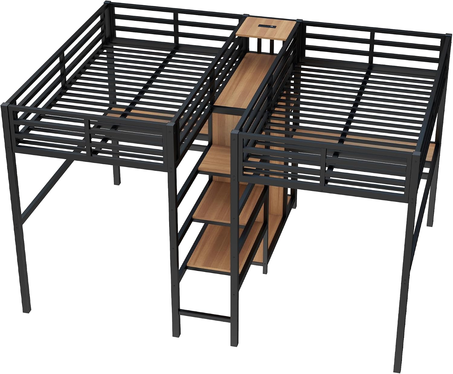 Bellemave Twin Over Twin Metal Loft Bed with Desk and Wardrobe for 2 Kids,Twin Size Heavy Duty Double Loft Bed Frame with Charging Station and Shelves for Boys,Girls,Adults,Woodgrain