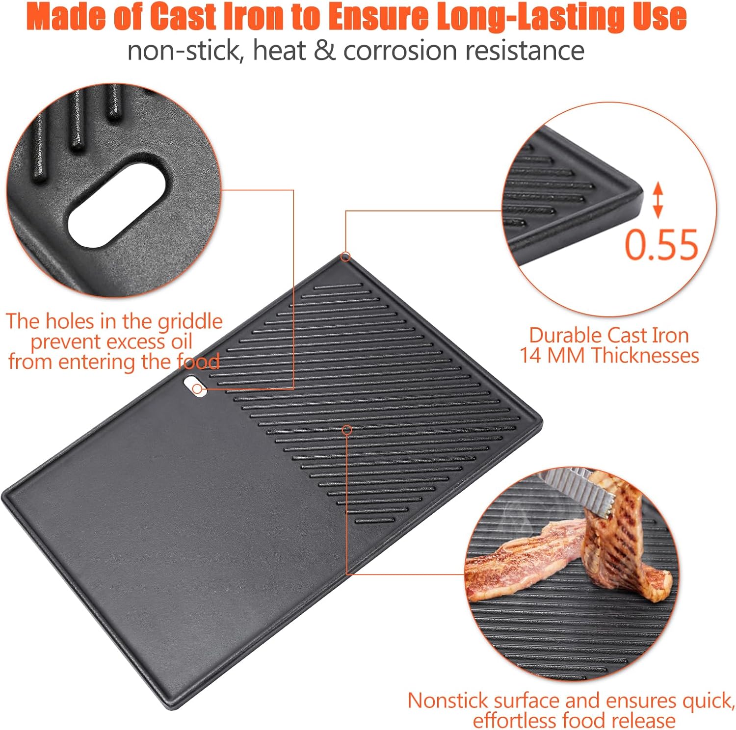 QuliMetal Reversible 7598 Griddle Replacement and 17.5' Grill Grates 15.3' Flavorizer Bars for Weber Spirit 300 & GS4 Spirit II 300, Spirit E-310 E-315 Grills with Front Control Knobs