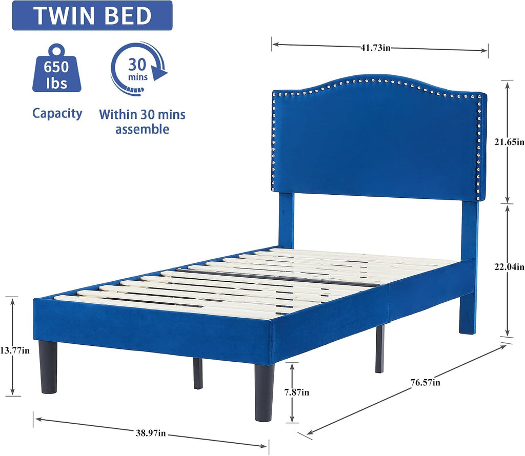 VECELO Twin Bed Frame, Platform Bed Frame with Adjustable Height Upholstered Headboard, Heavy-Duty Frame and Strong Wooden Slats Support, Non-Slip and Noise-Free, Easy Assembly, Dark Blue