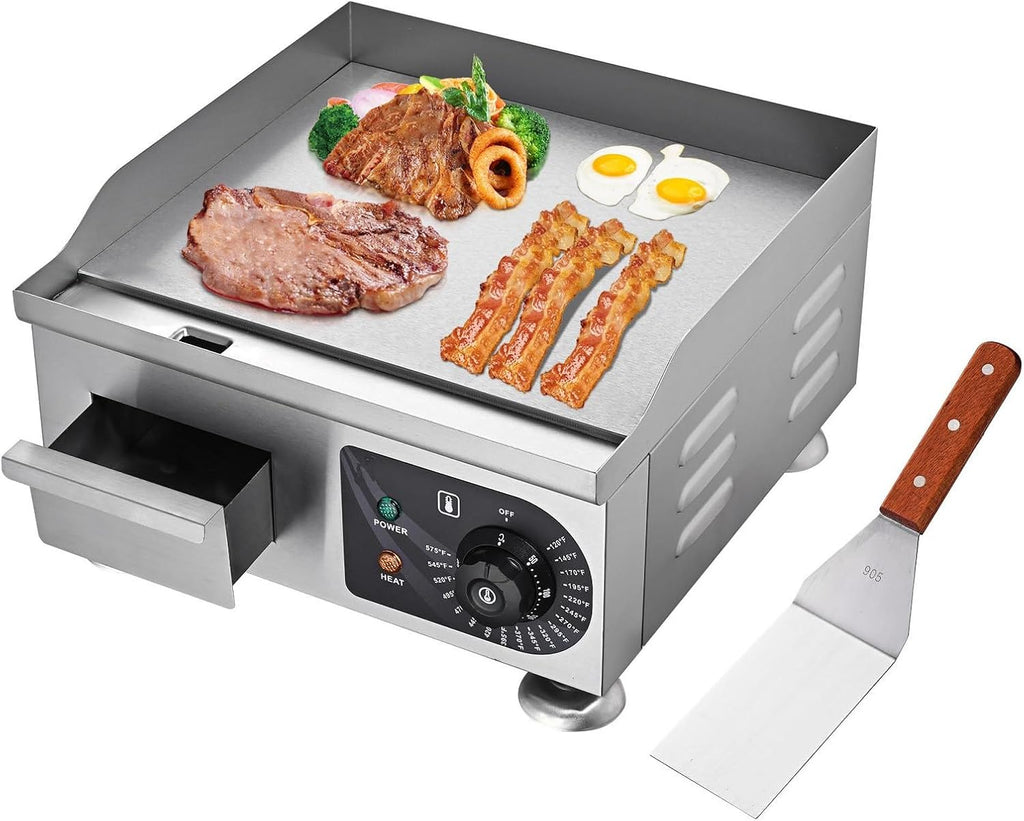 Electric Countertop Griddle 14 inch 1800W Commercial Electric Griddle Adjustable Temperature 120℉-575℉ Flat Top Restaurant Grill Non-Stick Flat (14 inch)