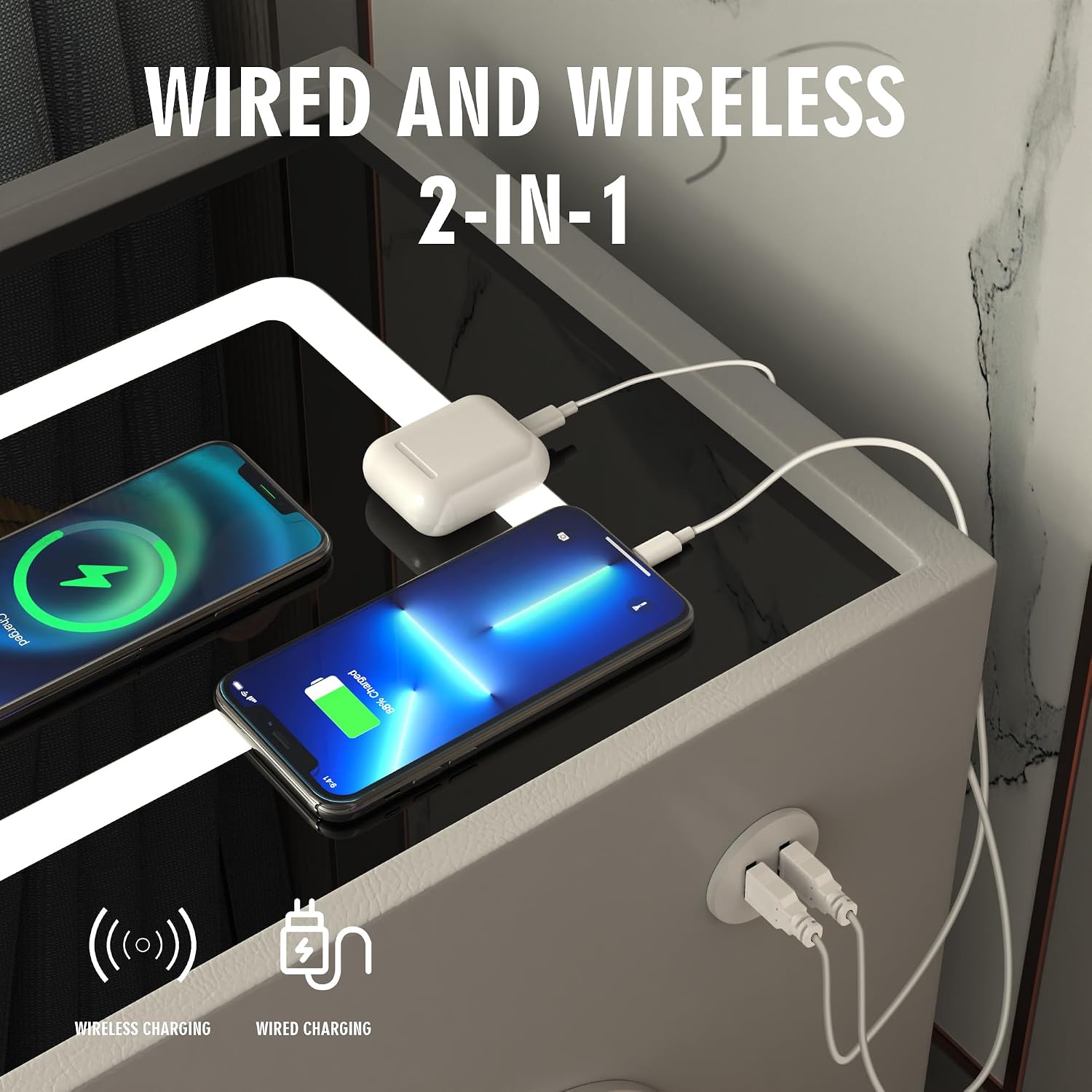 Grey Night Stand with Wireless Charging Station, Nightstand with 2 Drawers, Smart Bedside Table with 3 Lighting and Bluetooth Speaker, Modern LED Lighted Nightstand for Bedroom