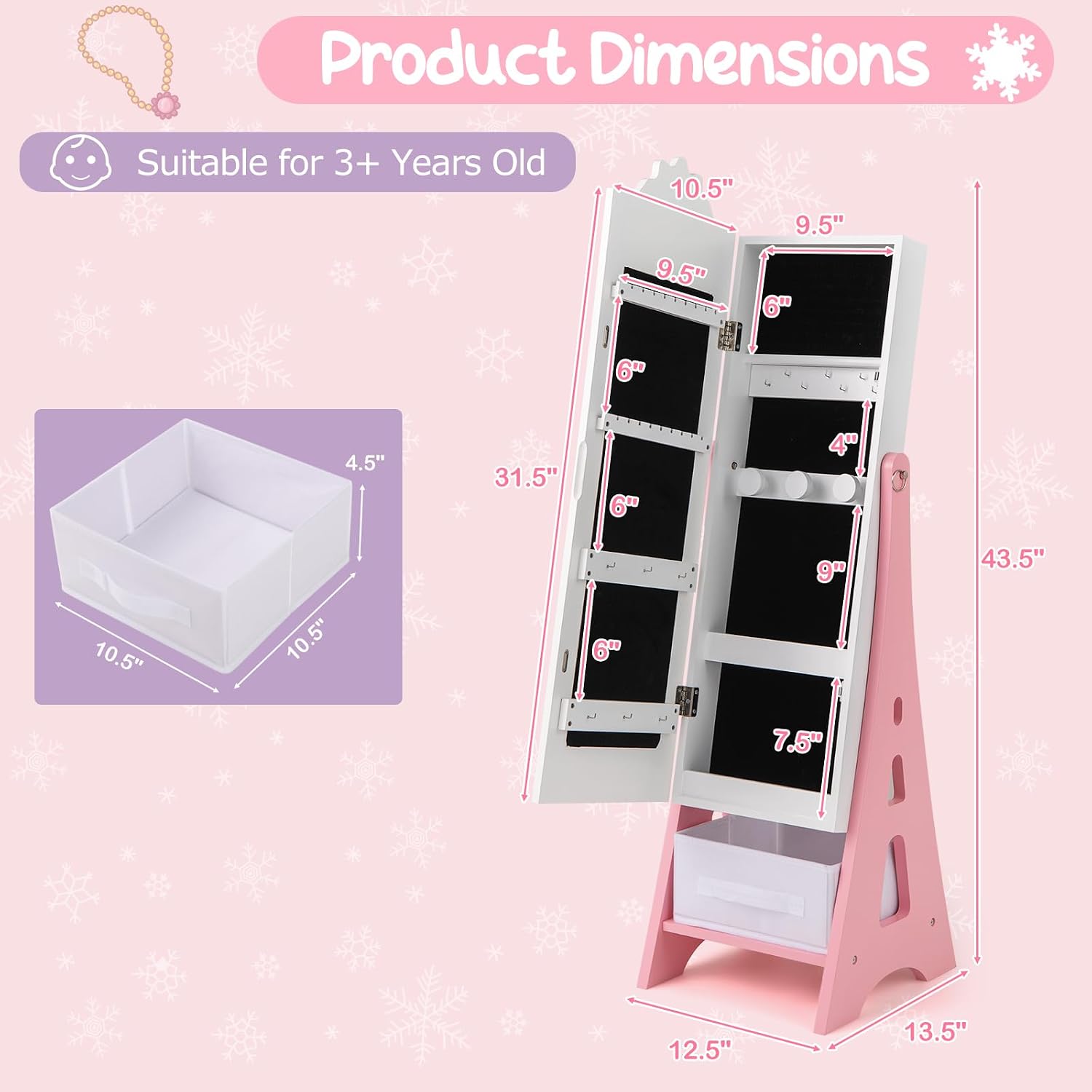 Costzon Kids Vanity & Jewelry Armoire Cabinet, Kids Vanity Table and Chair Set, Standing Jewelry Organizer with Full-Length Mirror, Kids Bedroom Furniture Set for Girls, Snowflake Print (White)