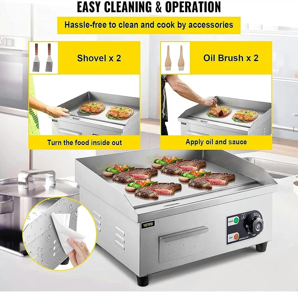 Commercial Electric Griddle 1500W Non-Stick Teppanyaki Grill with Adjustable Temperature Control 122°F-572°F, Flat Top Grill for Kitchen & Restaurant