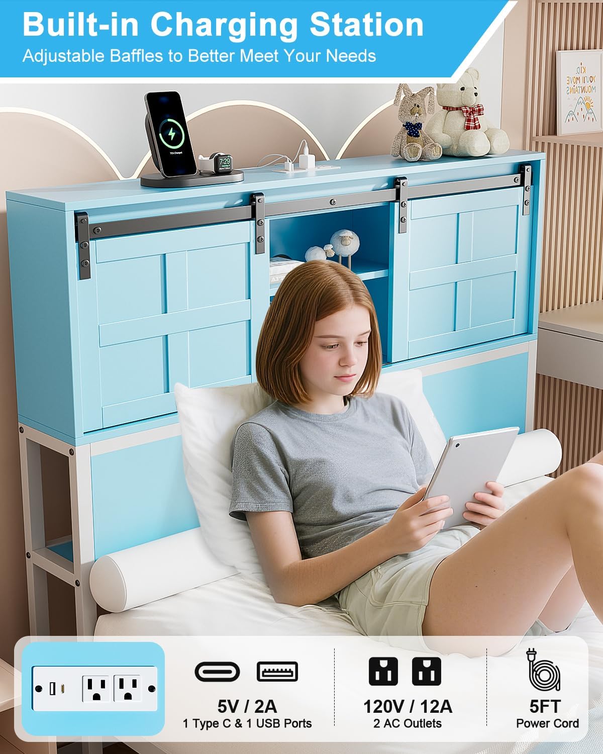 Twin Size Bed Frame, Storage Headboard with Drawers, 3-in-1 Charging Hub & Nightstand, Strong Metal Slats, No Box Spring Required (Blue White, Twin)