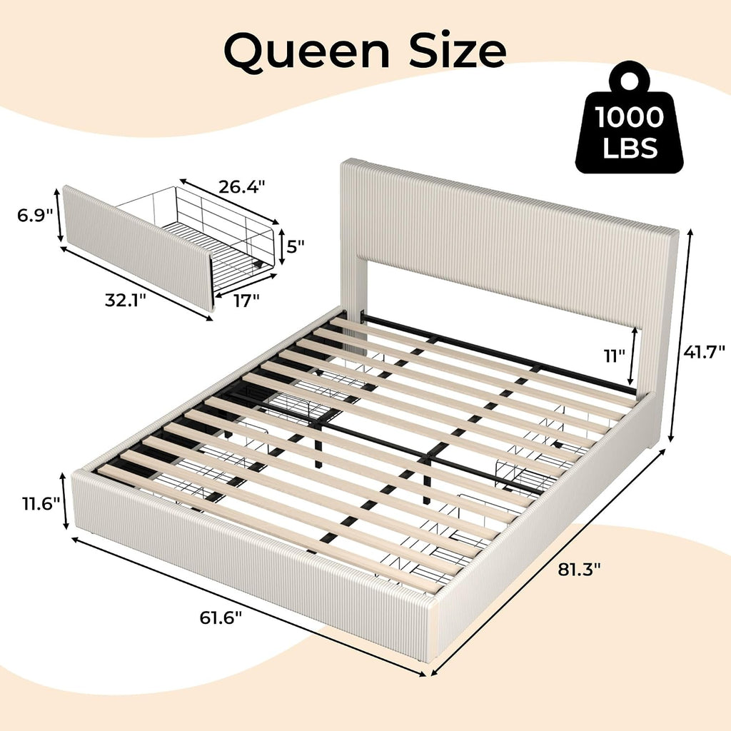 Queen Bed Frame with 4 Storage Drawers, Platform Bed Frame Queen Sizel with Upholstered Channel Tufted Wingback Headboard, Strong Wooden Slats Support, No Box Spring Needed, Beige