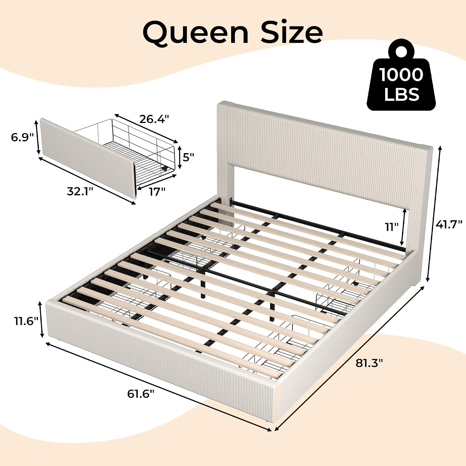 Queen Bed Frame with 4 Storage Drawers, Platform Bed Frame Queen Sizel with Upholstered Channel Tufted Wingback Headboard, Strong Wooden Slats Support, No Box Spring Needed, Beige