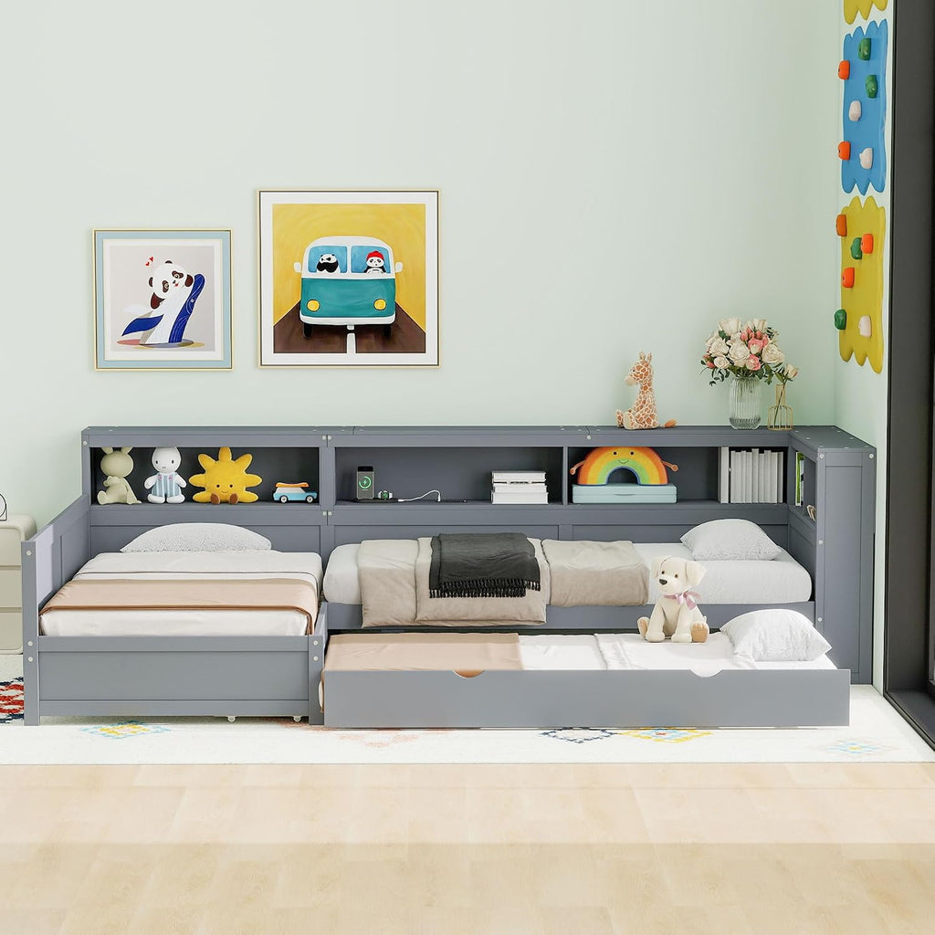 Ball & Cast Twin Size L-Shaped Platform Bed with Trundle and a Drawer,Wood Daybed Frame w/Charging Station & Slat Support,Space-Saving Bedroom Furniture for Dorm,Apartment,Grey