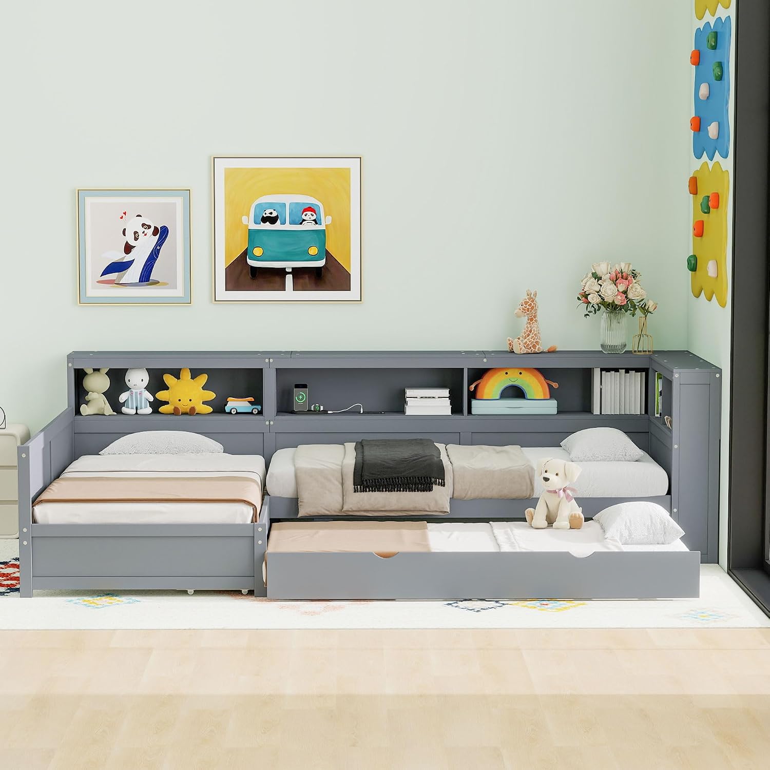 Ball & Cast Twin Size L-Shaped Platform Bed with Trundle and a Drawer,Wood Daybed Frame w/Charging Station & Slat Support,Space-Saving Bedroom Furniture for Dorm,Apartment,Grey