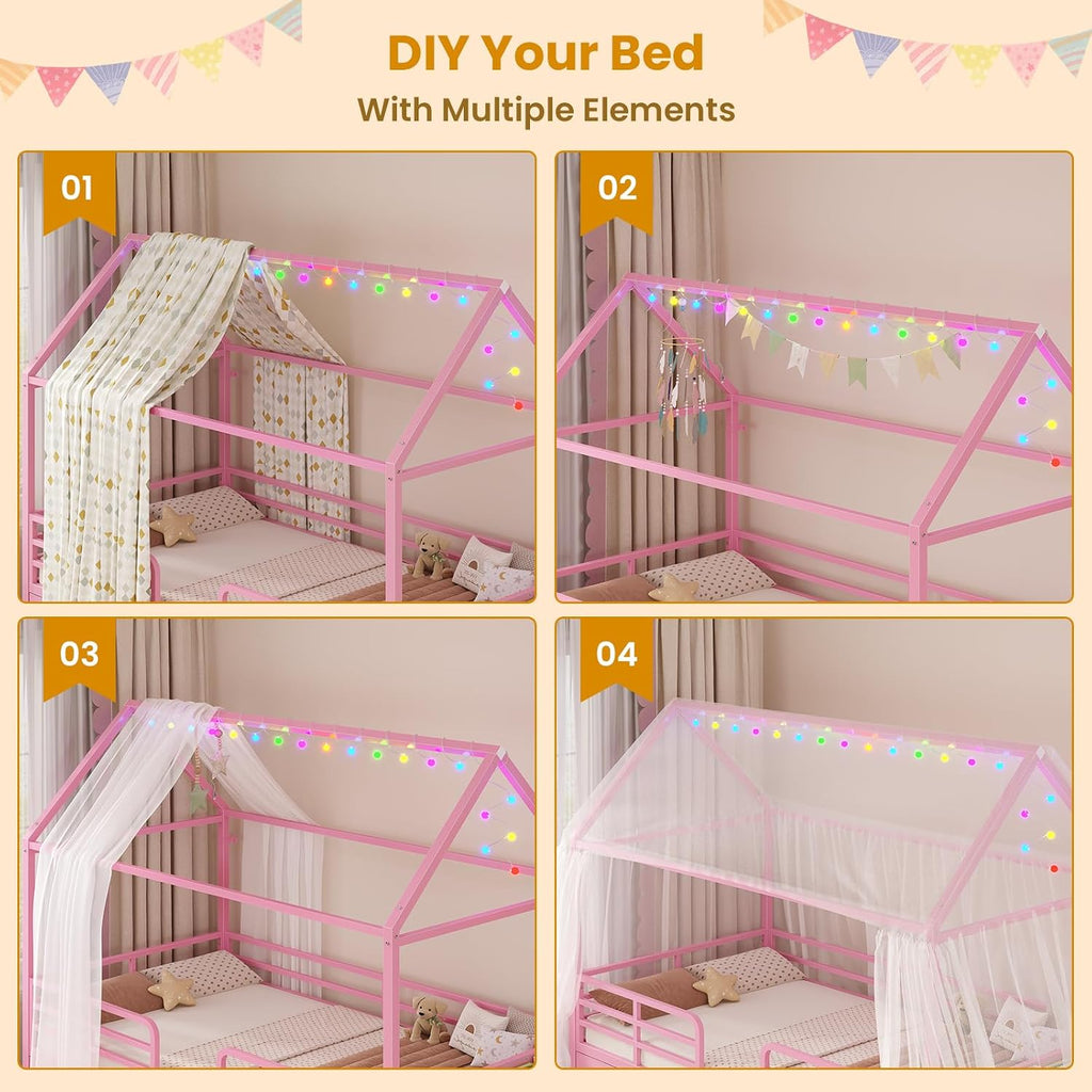 ADORNEVE Twin Size Bed Frame with 6 Drawers,House Bed with Globe String Lights Plug in,Metal Kids Bed with Safety Guardrail & Inclined Ladder,No Box Sping Needed,Pink