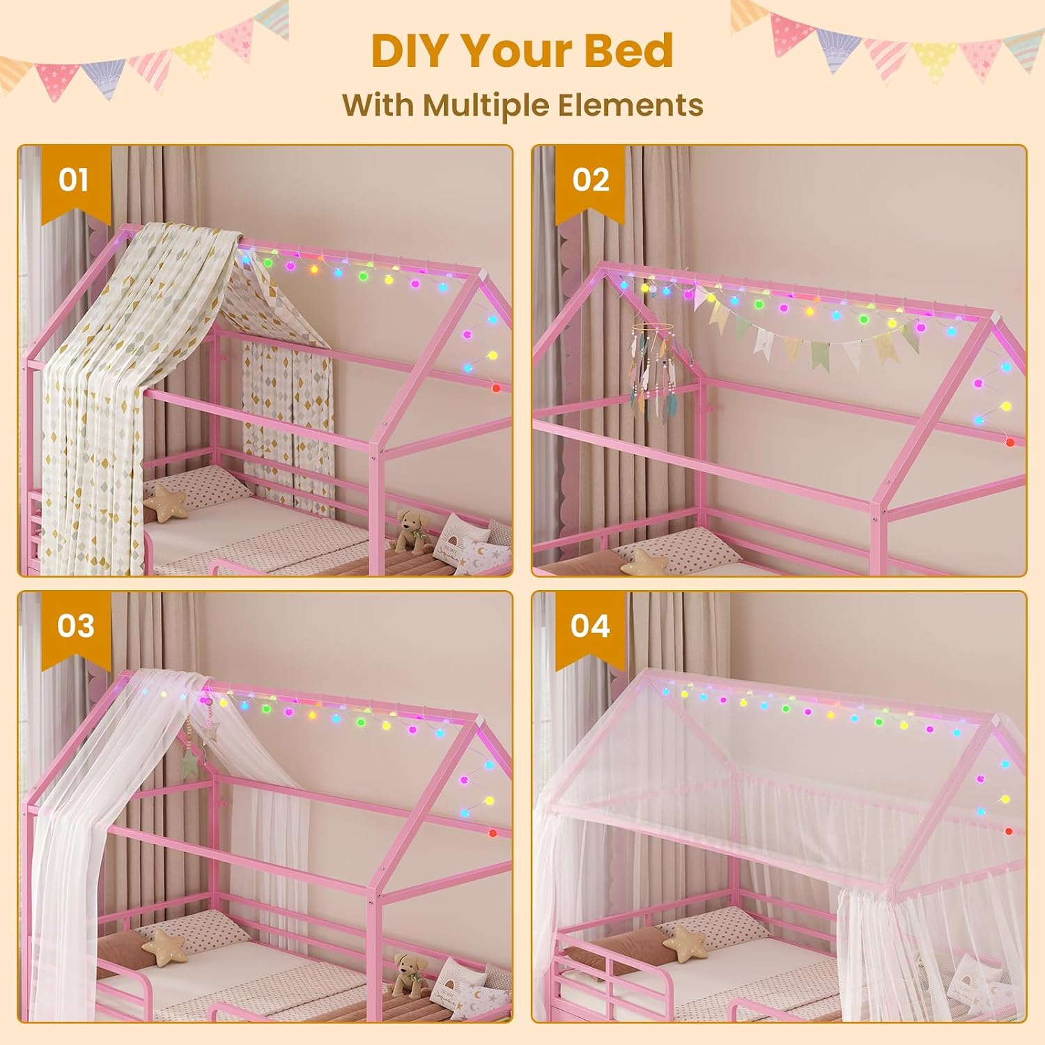 ADORNEVE Twin Size Bed Frame with 6 Drawers,House Bed with Globe String Lights Plug in,Metal Kids Bed with Safety Guardrail & Inclined Ladder,No Box Sping Needed,Pink