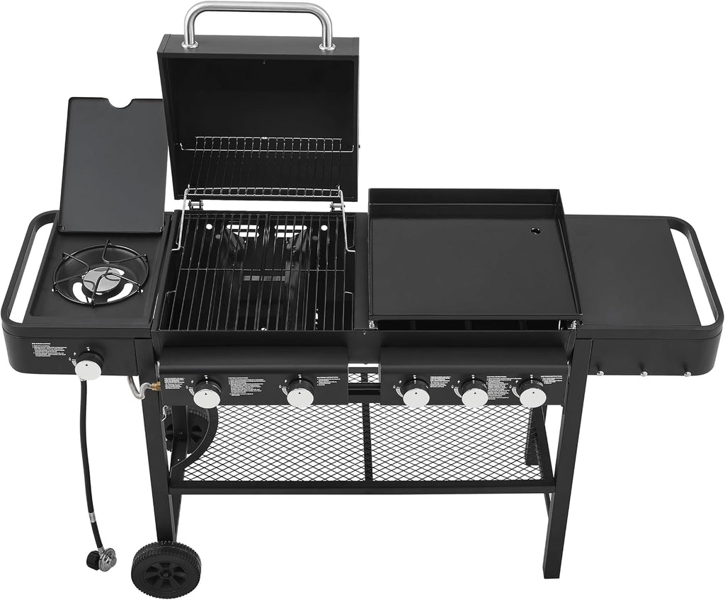 6-Burner Propane Gas Grill with Griddle Combo, 56,000 BTU Outdoor BBQ Grill with Side Burner, 745 Sq.In Total Cooking Area, Enamel-Coated Grates, Heavy-Duty Stand for Backyard Patio