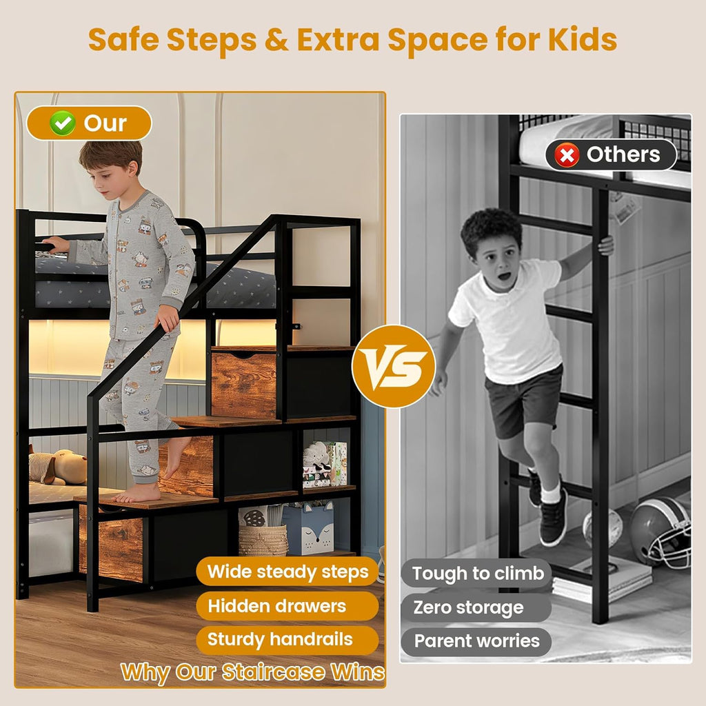 ADORNEVE Low Bunk Bed Twin Over Twin with Storage Staircase, Drawers & Shelves, RGB LED Lights Metal Floor Bunk with Power Outlet, Full-Length Guardrail & Metal Slats, for Small Space, Kids, Black