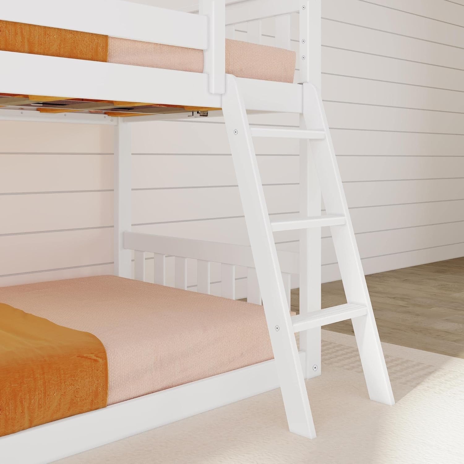 Max & Lily Solid Wood Twin Over Twin Size Low Bunk Beds for Kids with Slide and Ladder, 400 lbs Weight Capacity, 14' Safety Guardrail, Anti-Slip Steps, White