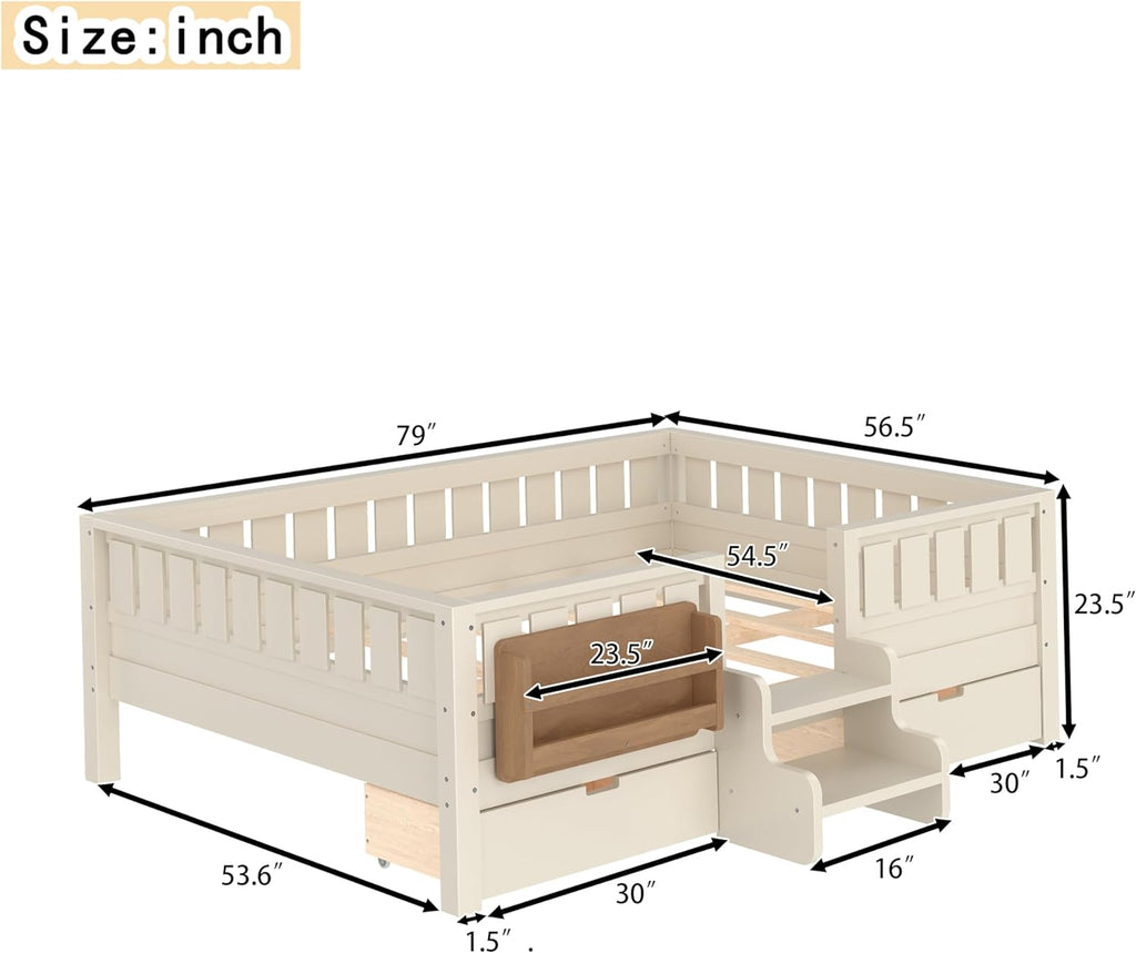 Bellemave Full Size Bed with Slats and Stairs, Full Size Platform Bed Frame with Fence, Bookshelf and Storage Drawers, Easy Assemble Beds for Kids, Girls, Boys, Beige