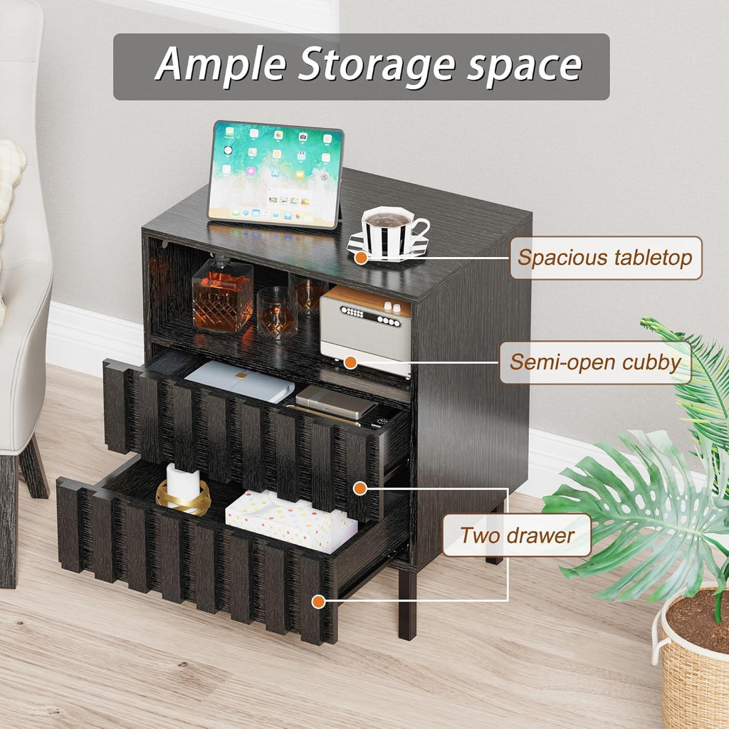 UEV 3 Piece Dresser and Nightstand Sets for Bedroom, 47' Wide 6 Drawer Dresser & Nightstand Set of 2, Mid Century Modern Fluted Wooden Dressers Set, Bedroom Furniture Set (Black)