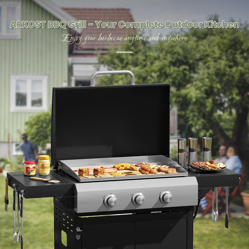 3 Burners Propane Gas Grill, Stainless Steel BBQ Grill with Porcelain-Enameled Cast Iron Grates, 36,000 BTU Outdoor Patio Barbeque Grill and Griddle Combo for Party, Camping, Backyard