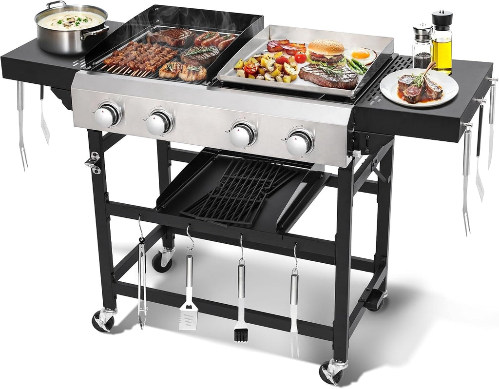 2-in-1 Propane Griddle Grill Combo 38200 BTU, 4-Burner Propane Gas Grill with 2 Foldable Side Tables for Outdoor Cooking Camping Patio Backyard (Grill + Griddle)