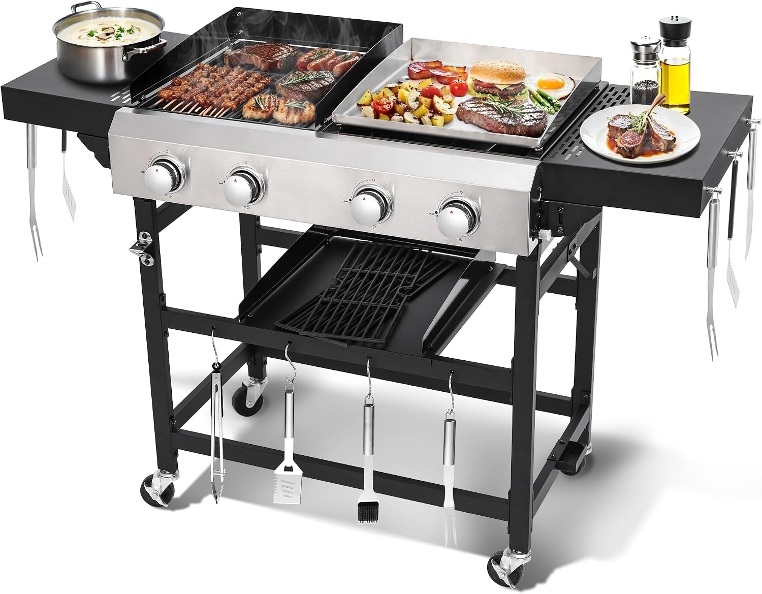 2-in-1 Propane Griddle Grill Combo 38200 BTU, 4-Burner Propane Gas Grill with 2 Foldable Side Tables for Outdoor Cooking Camping Patio Backyard (Grill + Griddle)