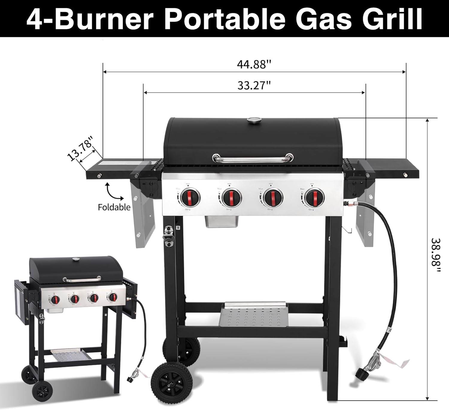4 Burner Propane Grill | Portable Gas Grills with Foldable Cart Table and Wheels | Heavy Duty with Cast Iron Grate, Stainless Steel,40000 BTU Output, Easy Clean for BBQ Outdoor Grill