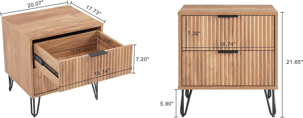 Manhattan Comfort Dumbo Fluted Nightstand with 2 Drawers, Gold Metal Legs and Metal Handles, Snap Tool-Free Assembly, Modern Bedside Accent Table with Storage for Bedroom, Living Room in Golden Brown