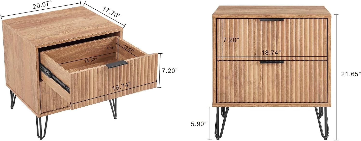 Manhattan Comfort Dumbo Fluted Nightstand with 2 Drawers, Gold Metal Legs and Metal Handles, Snap Tool-Free Assembly, Modern Bedside Accent Table with Storage for Bedroom, Living Room in Golden Brown
