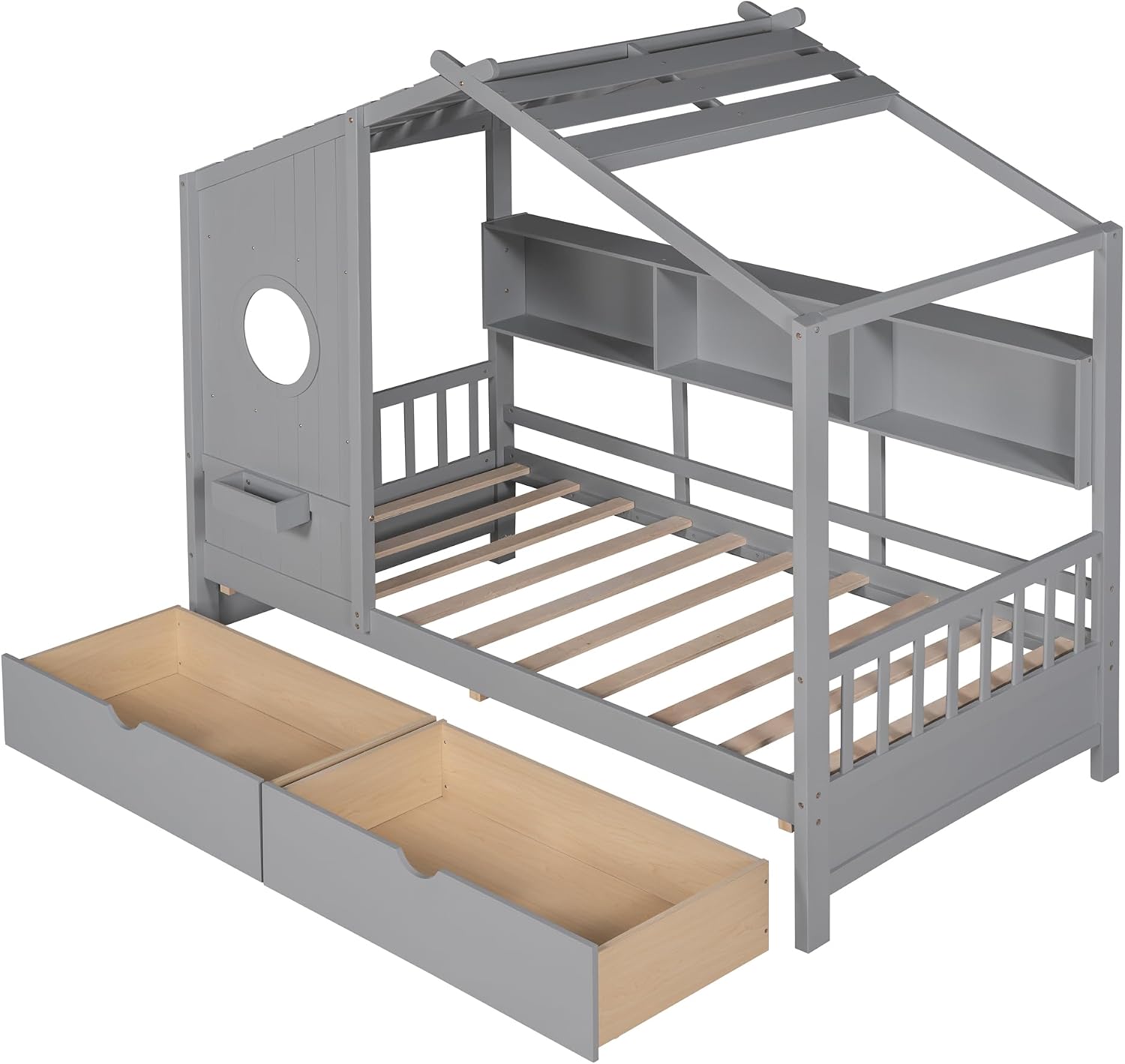MERITLINE Twin Size Kids House Bed with 2 Drawers and Storage Shelf, Wooden Kids Montessori Bed Frame (Grey)