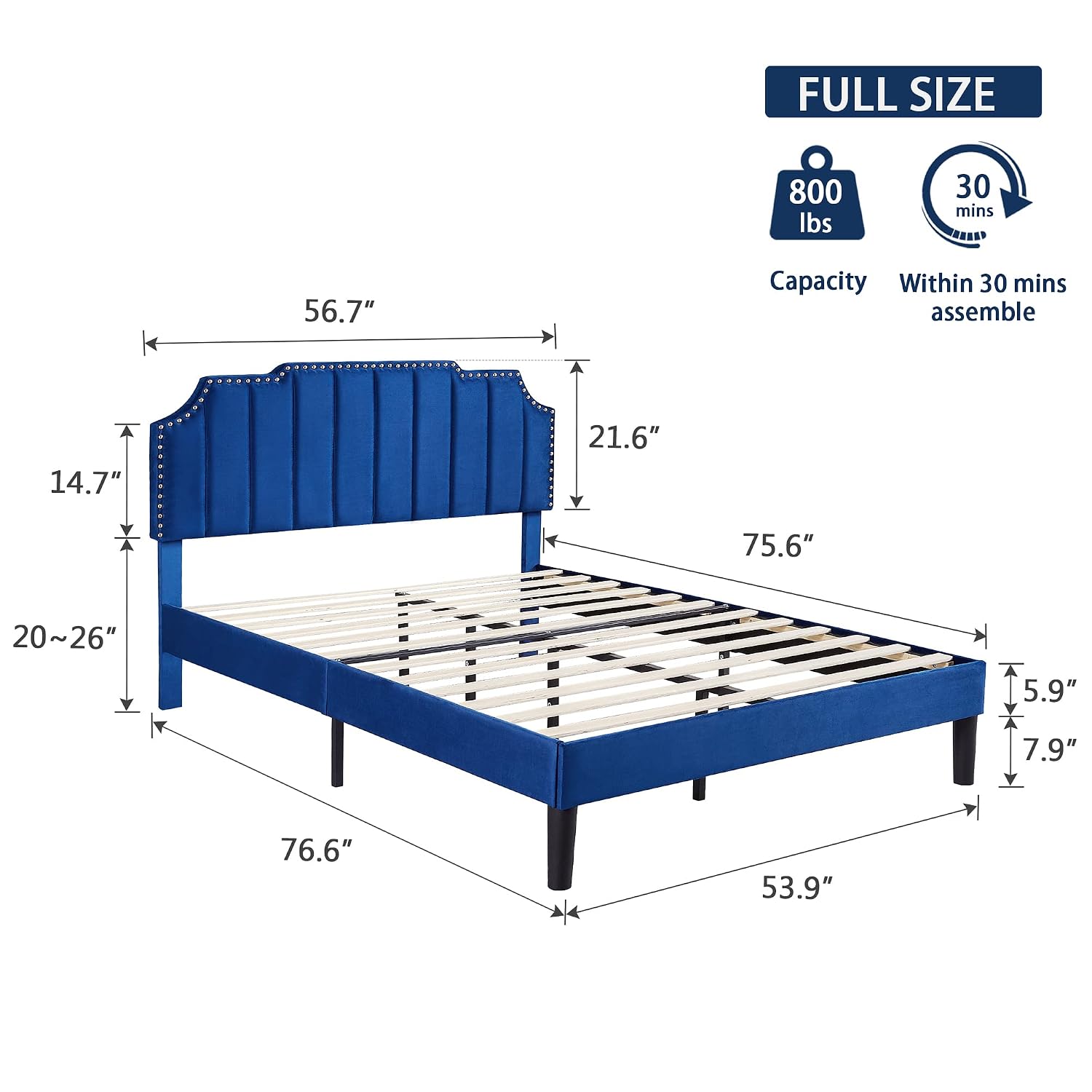VECELO Full Upholstered Platform Bed Frame with Tufted Adjustable Headboard/Mattress Foundation/Wood Slat Support,Easy Assembly,Navy Blue