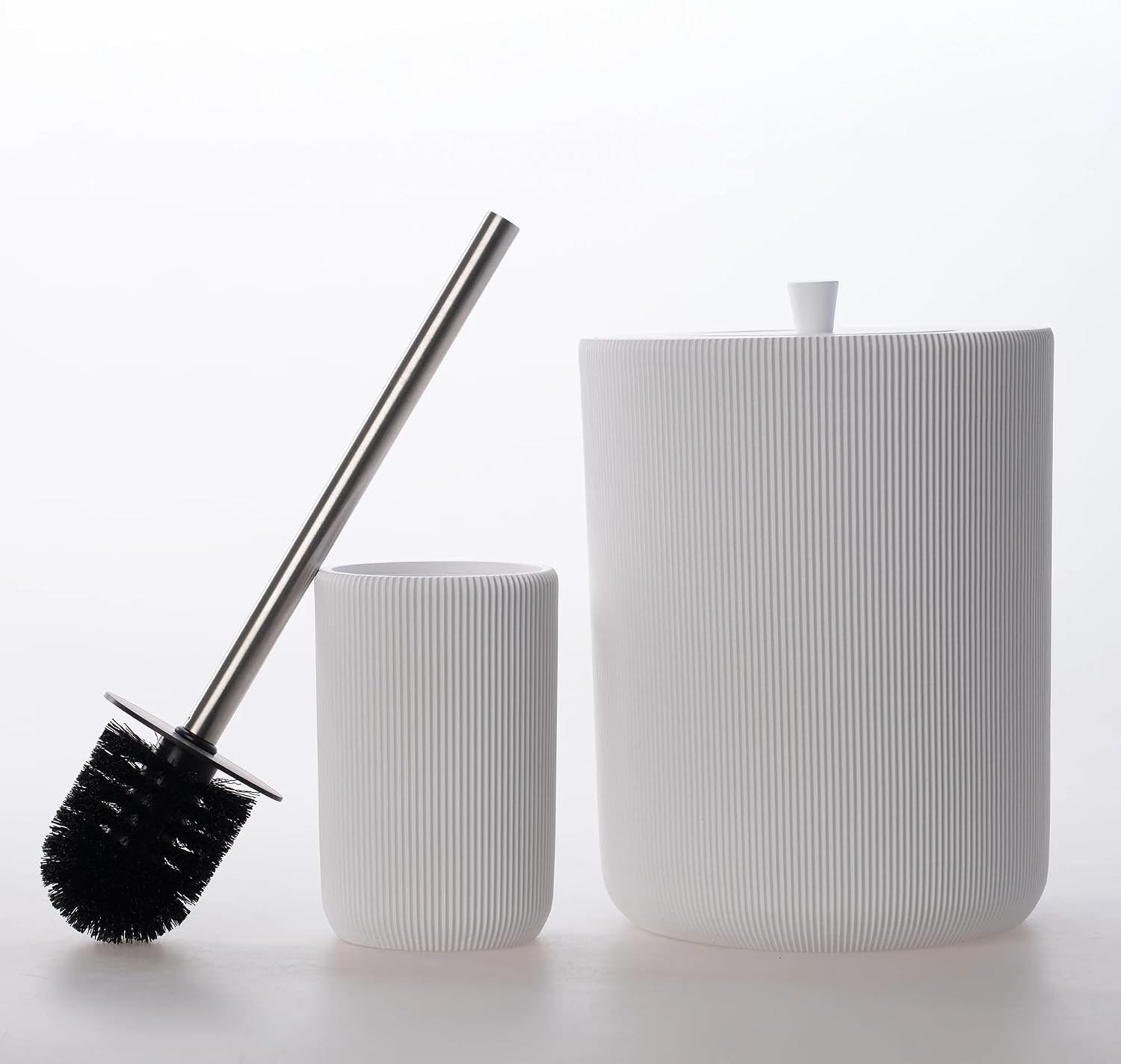 Lydia Collection 5-Piece Resin Bathroom Accessories Set – Toilet Brush Holder, Waste Bin, Soap Dispenser, Tray & Toothbrush Holder (White)