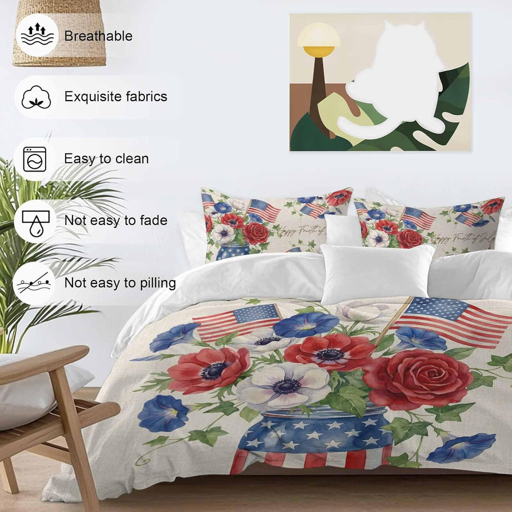 Happy Independence Day Duvet Cover Set Queen Size 4 Pieces U. S. Flag Flowers White Five-Pointed Stars Bedding Set with Zipper Closure, 1 Comforter Cover 86x86 Inches 1 Flat Sheet & 2 Pillow Cases