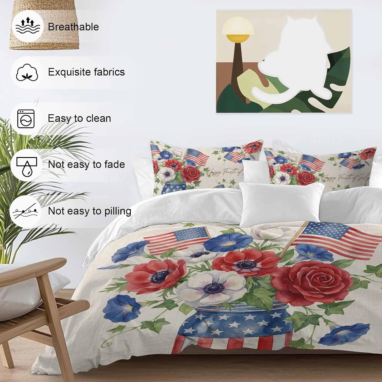 Happy Independence Day Duvet Cover Set Queen Size 4 Pieces U. S. Flag Flowers White Five-Pointed Stars Bedding Set with Zipper Closure, 1 Comforter Cover 86x86 Inches 1 Flat Sheet & 2 Pillow Cases