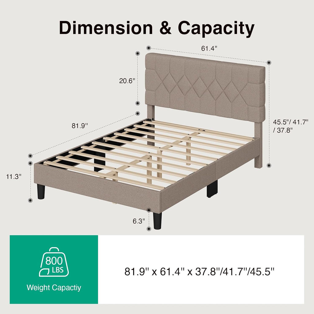 Novilla Queen Bed Frame with Headboard, Bed Frame Queen Size with Wood Slats Support, Linen Upholstered Pull-Point Headboard, No Box Spring Needed, Heavy Duty Feet, Easy Assembly, Beige