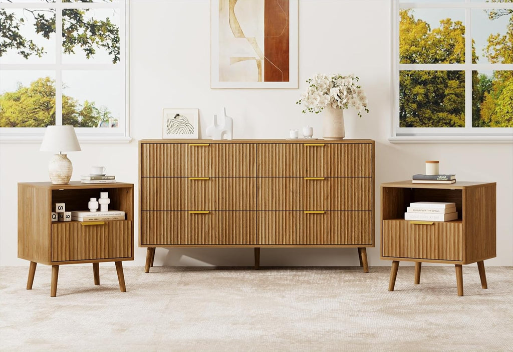 LYNSOM Fluted Dresser and Nightstand Sets 3 Piece, 6-Drawers Dresser and 1-Drawer Nightstands Set of 2, Wood Bedroom Furniture Set for Home, Bedroom, Hallway, Walnut