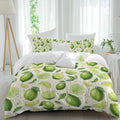 Summer Fruit Duvet Cover Set Queen Size 4 Pieces Watercolor Green Lemon Lime Slice Leaf Rustic Bedding Set with Zipper Closure, 1 Comforter Cover 92x106 Inches 1 Flat Sheet & 2 Pillow Cases