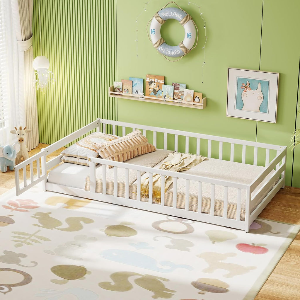 KOMFOTT Twin Size Wood Floor Bed with Door & Fence, Montessori Bed Frame with Full Length Safety Guardrails, Door & Latch, Wooden Montessori Floor Bed for Kids, Girls, Boys (White, Twin)