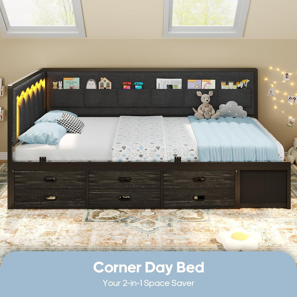 ADORNEVE Corner Bed Frame Twin with 8 Drawers, 6 Storage Pockets, Twin Daybed with Storage and RGB Wave Lights, Twin Size Platform Bed with L-Shaped Upholstered Guardrail for Kids Teen,Grey