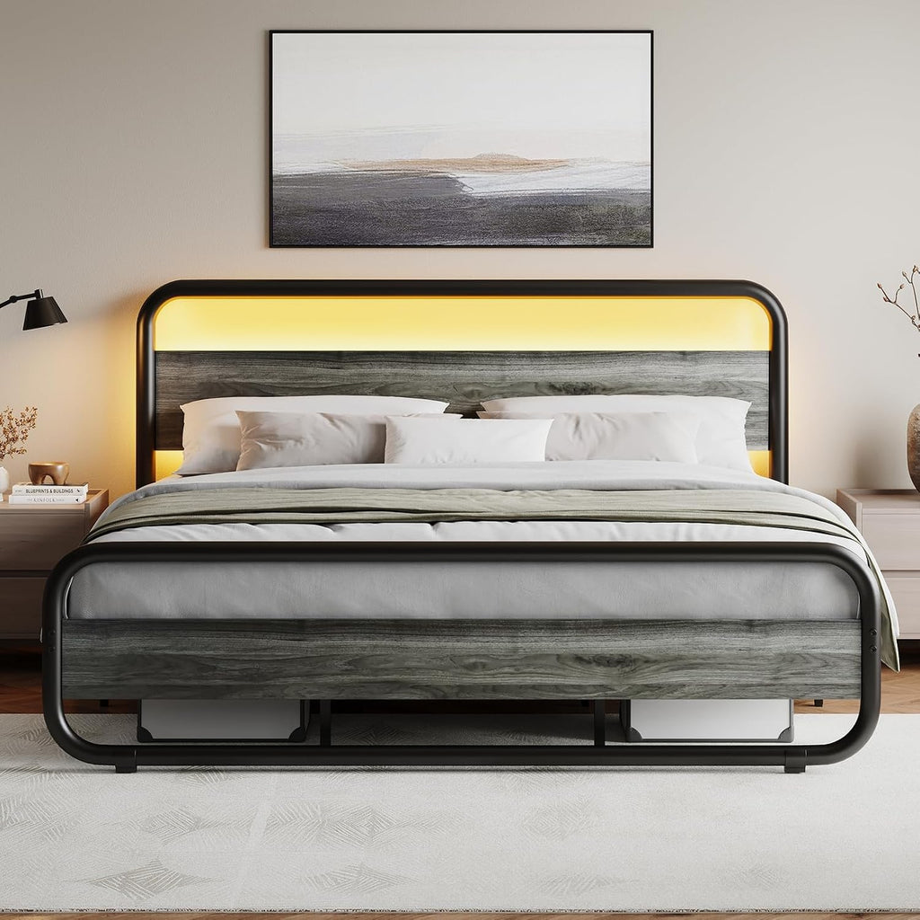 Catrimown King Size Bed Frame, Heavy Duty Metal Rustic King Platform Bed Frame with Wood Headboard, Under Bed Storage, Noise Free, No Box Spring Needed, Wash Gray