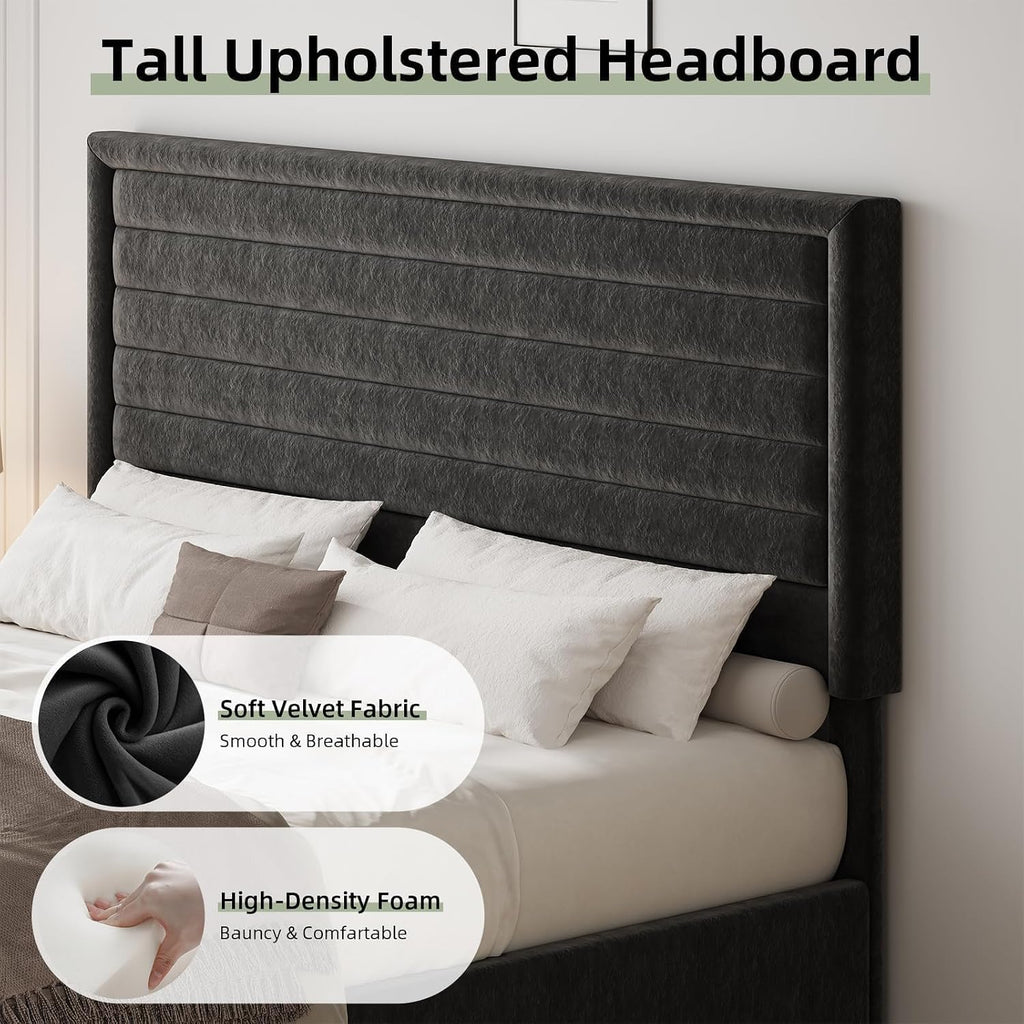REVOMINCA Queen Bed Frame, Queen Platform Bed Frame with Velvet Upholstered Headboard, No Box Spring Needed, Easy Assembly, Black