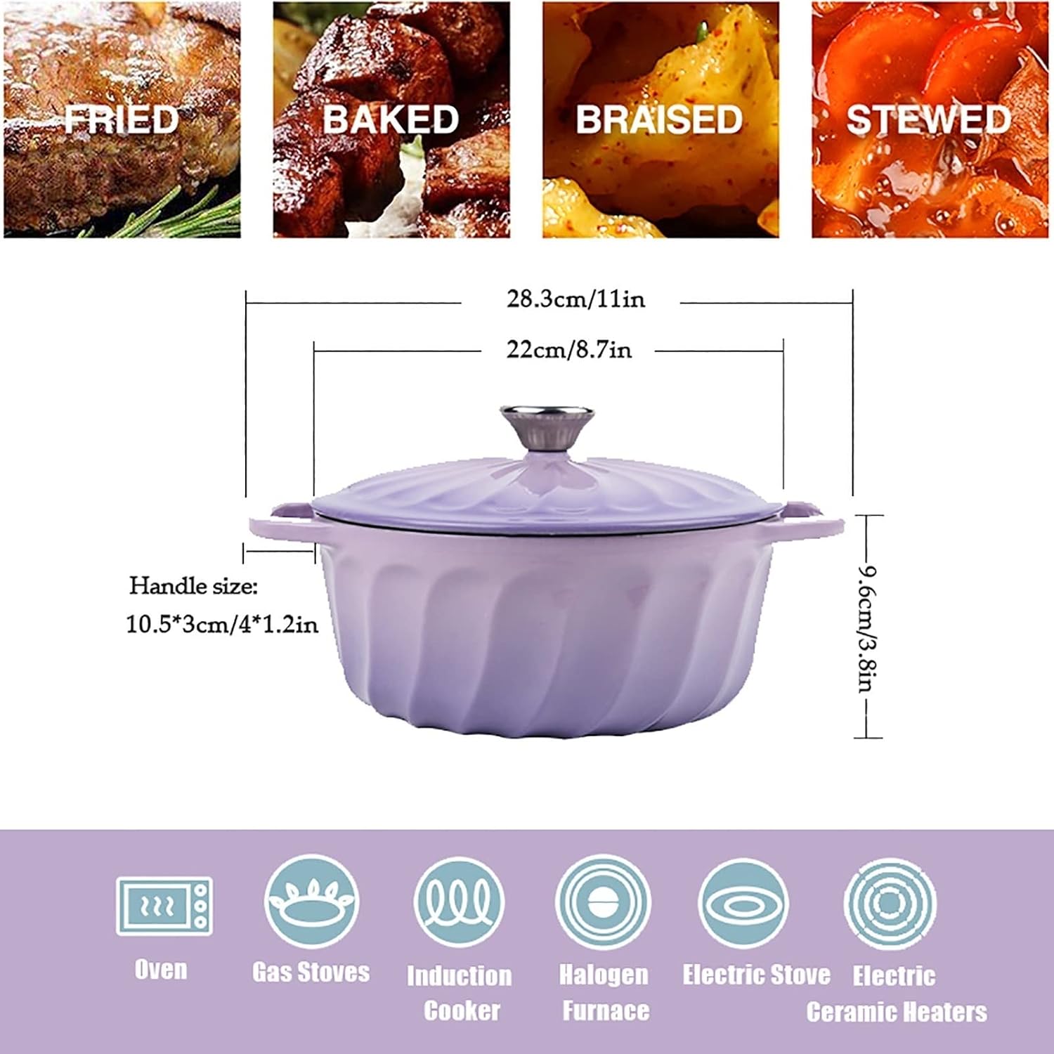 Open Flame Casserole Pot Nonstick Enameled Cast Iron Dutch Oven Induction Easter Cuisine with Lid Braiser Dual Handles for Beginners(Purple)