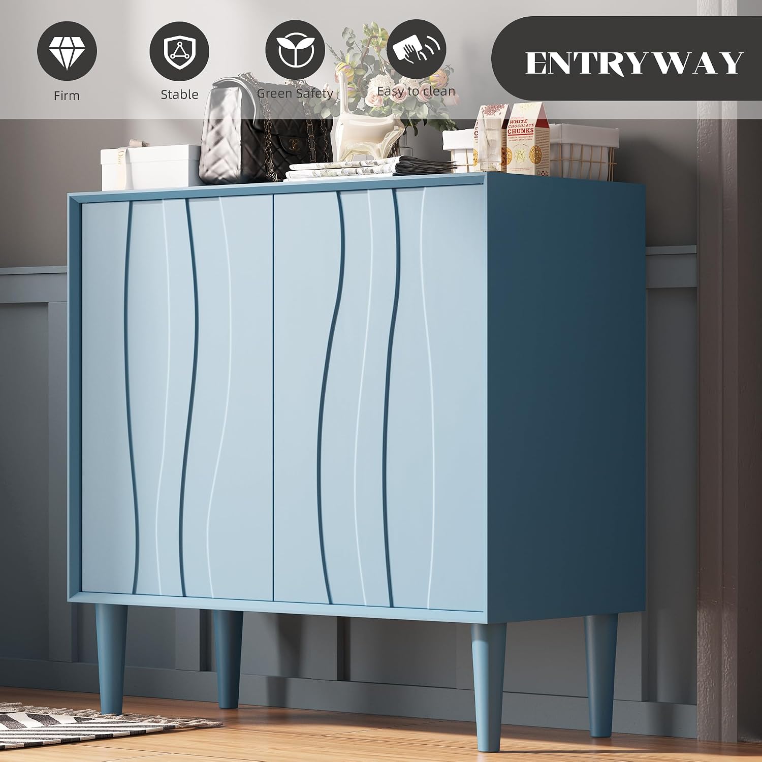 Easyego 31.5″ Mid Century Modern Sideboard Buffet Cabinet, Blue Wood Accent Storage with 2 Doors & Adjustable Shelves for Living Room, Entryway, Dining Room