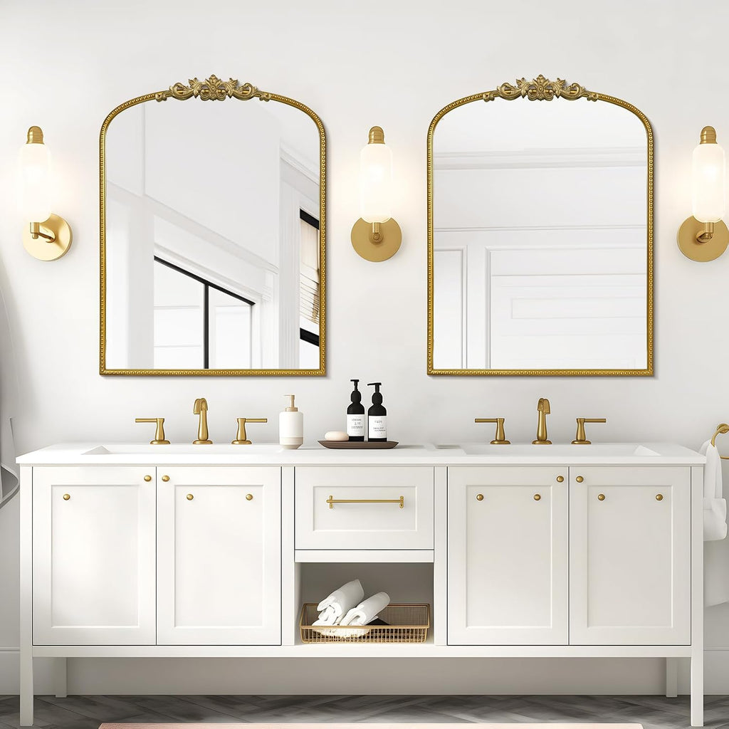WallBeyond Gold Vintage Mirror for Vanity 24x32 Inch, Gold Antique Mirror with Ornate Frame, Arched Vintage Wall for Bathroom, Living Room, Fireplace, Entryway