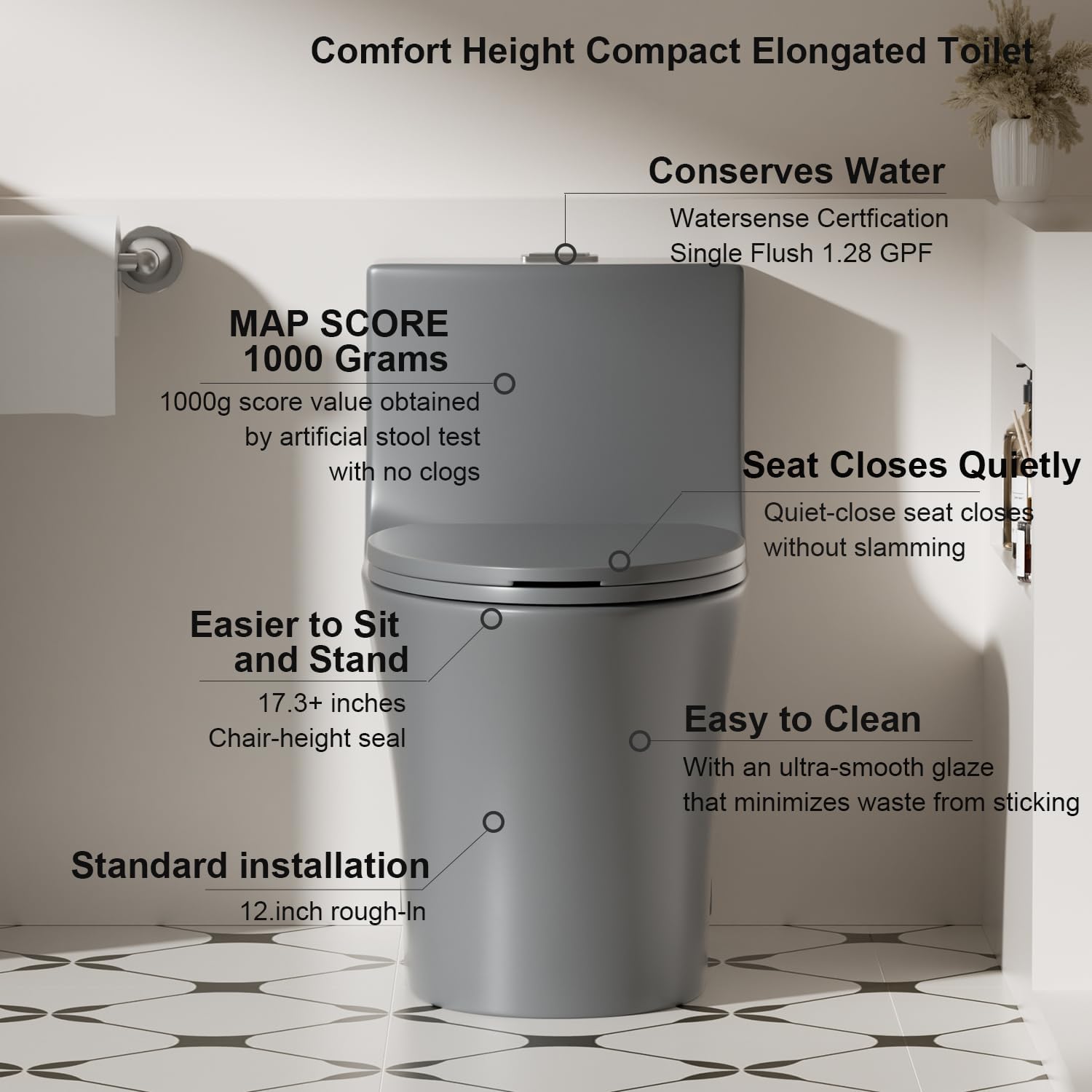 Elongated One Piece Toilet with ADA Comfort Height, Seat Chair Height 17.3' Modern Toilet for Bathroom, Dual Flush 0.8/1.6 GPF, MAP 1000g, 12' Rough-In, Soft Closing Seat, Light gray