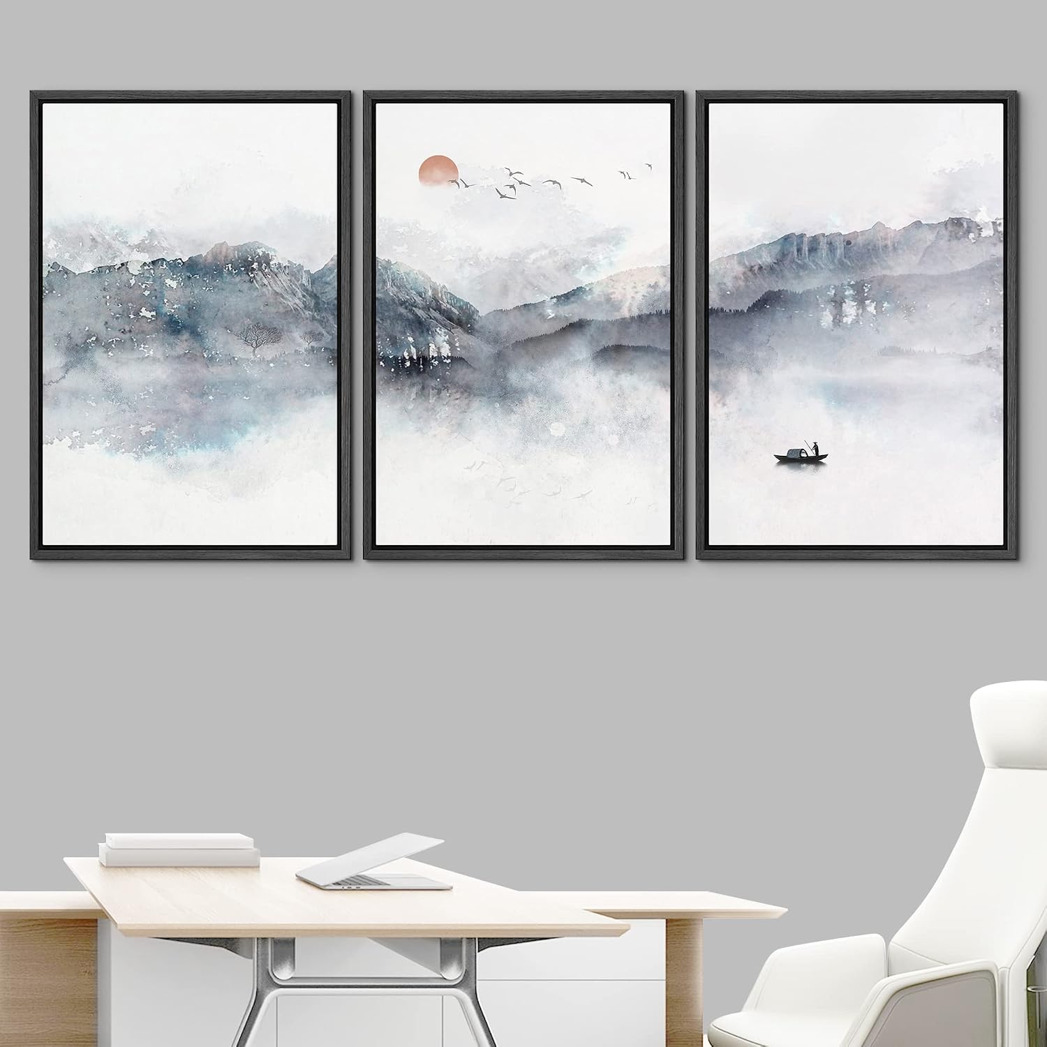 NWT Framed Canvas Print Wall Art Set Watercolor Pastel Mountain Ocean Boat Landscape Abstract Shapes Illustrations Decorative Calm/Zen Multicolor for Living Room, Bedroom, Office - 16'x24'x3 Black