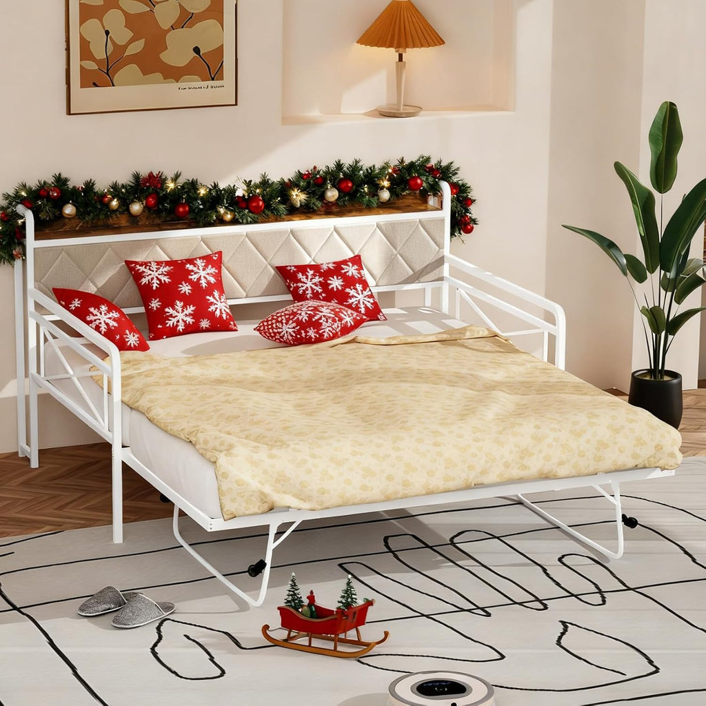 VINGLI Twin Daybed with Trundle Bed, Sofa DayBed with LED Light & Charing Station, Upholstered Bed Frame with Storage Headboard and Heavy Duty Metal Slats, for Living Room, Bedroom, Guest Room, White